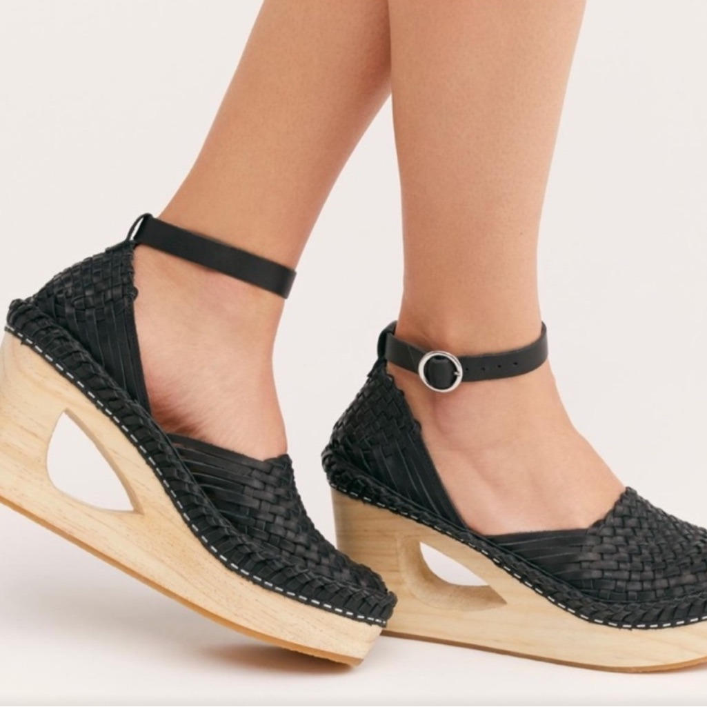 Free People Black Woven Leather Platform Clogs With Ankle Strap
